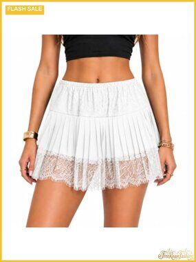 Women Y2k Lace Slip Mini Skirt Ruffle Pleated Flowy Short Skirt